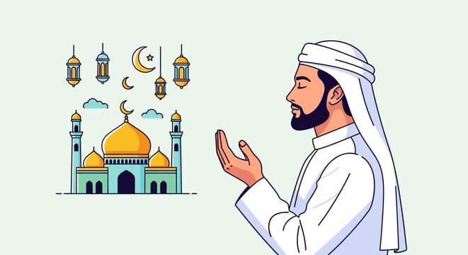 Man in traditional attire praying towards a mosque with lanterns and crescent moon in the air