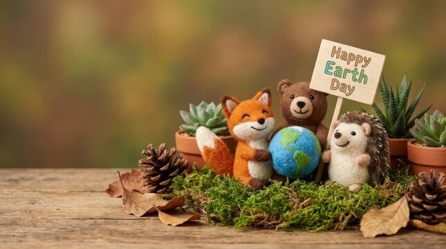 Earth day celebration with cute animal figurines tabletop arrangement eco-friendly theme natural setting close-up view promoting environmental awareness and conservation
