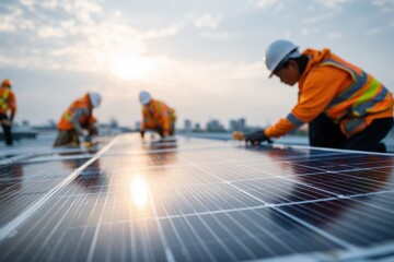 Scenic view of solar panels on a roof with a team of workers in safety gear working.