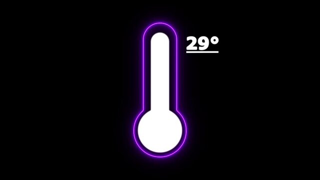 Neon Celsius thermometer displayed temperature 29 degree. Thermometer equipment showing hot or cold weather. 4K Video motion graphic animation.