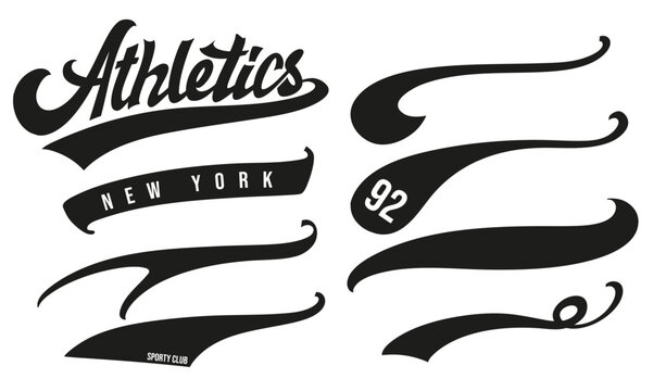 Vintage baseball script swooshes and swashes with dynamic retro wave tails. Athletic lettering and typographic underlines for sports logos, apparel, and branding.