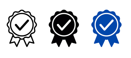 Quality guarantee badge set with check mark, verified seal and certificate ribbon icons in line and flat style