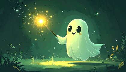Whimsical Ghost with Magic Wand in Enchanted Forest.
