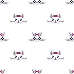 Obraz premium Cute kawaii cat girl with hair bow seamless pattern. Texture for children clothing, textile design, gender parties, baby shower cards and invitations. Outline cat character, vector