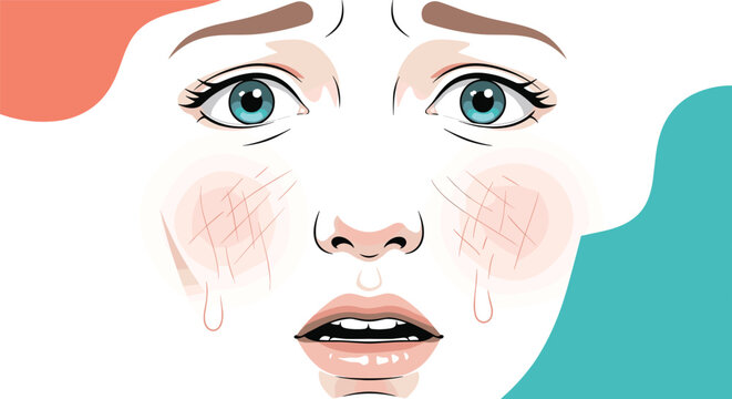 Close-up illustration of a worried woman face with scared expression featuring wide blue eyes and flushed pink cheeks.