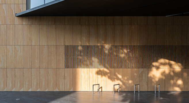 Modern building facade with stone texture and tree shadows on sunny wall with bicycle racks