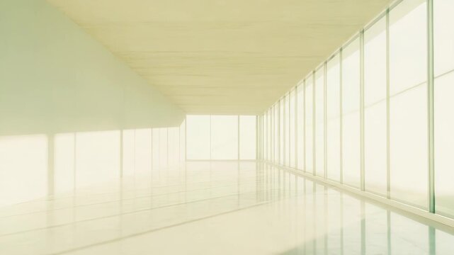 Minimalist interior space featuring a long, contemporary hallway with large windows illuminating the clean, reflective floor and casting soft shadows, conveying a sense of openness and direction