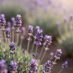 Obraz premium A dreamy, aromatherapy-inspired scene featuring a lavender field under warm sunlight with soft bokeh for relaxation
