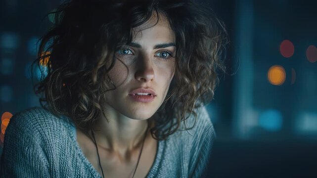 Focused Woman Working Late in Moody Cinematic Tech Environment