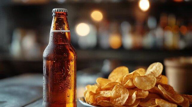 Cold amber beer bottle with condensation beside potato chips on bar table with warm bokeh lights