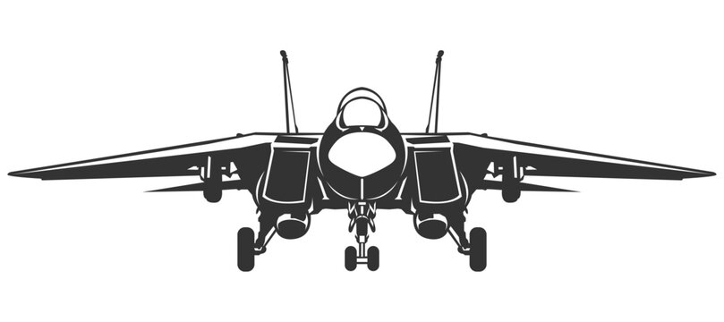 Silhouette F-14 tomcat military aircraft design from front view. Vector illustrations f14 fighter jet in black and white color from ahead. Monochrome drawing united states modern combat aeroplane F14.