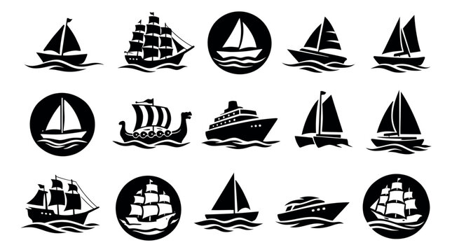 Silhouette nautical icon set featuring various boats and ships for travel and marine transportation