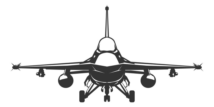 Silhouette F-16 military aircraft design from front view. Vector illustrations f16 fighter jet in black and white color from ahead. Monochrome drawing united states modern combat aeroplane F16 falcon.