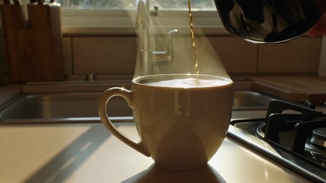 A luxurious, dark stream of freshly brewed coffee gracefully pours from a sleek, dark pot into a waiting, light-colored ceramic mug, producing delightful plumes of steam that rise from the hot liquid,