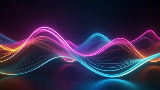 Colorful light streams forming rhythmic wave flow deep dark backdrop neon illumination ambience cinematic futuristic surreal ethereal atmosphere cascading softly glowing layers
