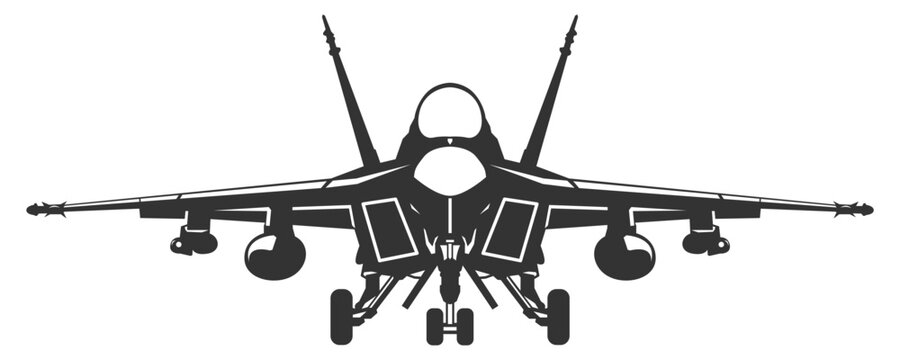 Silhouette F-18 hornet military aircraft design from front view. Vector illustrations f18 fighter jet in black and white color from ahead. Monochrome drawing united states modern combat aeroplane F18.