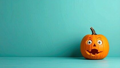 Whimsical Jack-o-Lantern with Googly Eyes on Teal Background.