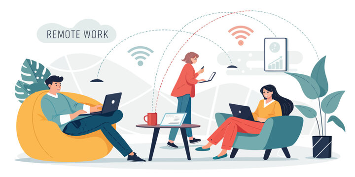 Modern vector illustration of remote work concept, person working from home with laptop, flexible professional lifestyle.