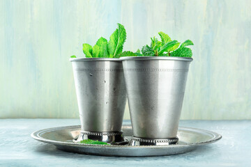 Mint Julep in the Kentucky Derby classic silver glass, with fresh mint leaves, on a tray, side view