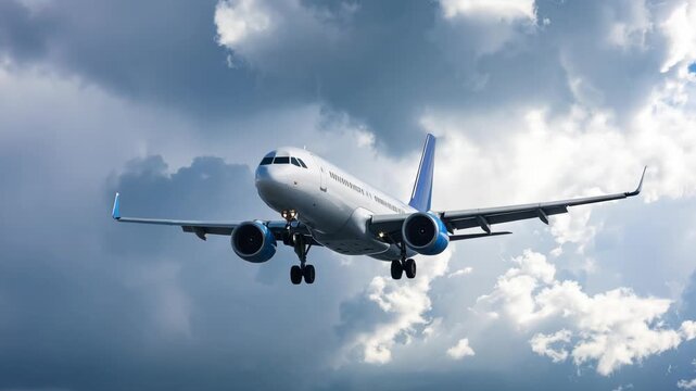 Commercial airplane descending through dramatic stormy clouds during daylight flight