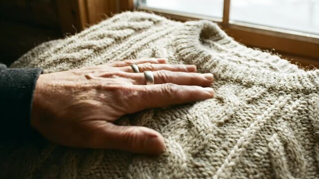 Hand of a Caucasian male gently caressing a knitted sweater on a wooden surface near a window, showcasing the texture and warmth of the garment in a cozy setting