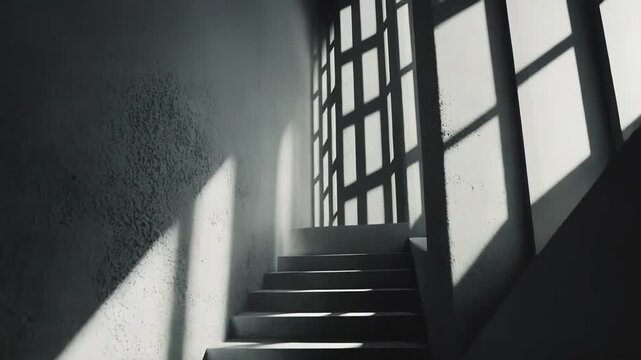 Concrete staircase ascending, light streaming through window bars creating a grid pattern of shadows, symbolizing hope, challenge, future, and progression in a minimalist environment