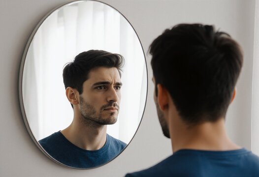 Emotional manipulation psychology relationship. A man reflecting on self-doubt through a mirror of emotions
