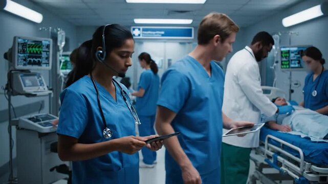 Medical staff working in hospital emergency room with doctors and nurses attending patients with technology