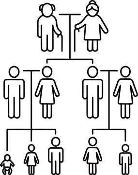 A detailed three-generation family tree diagram in line art style for genetic or historical representation