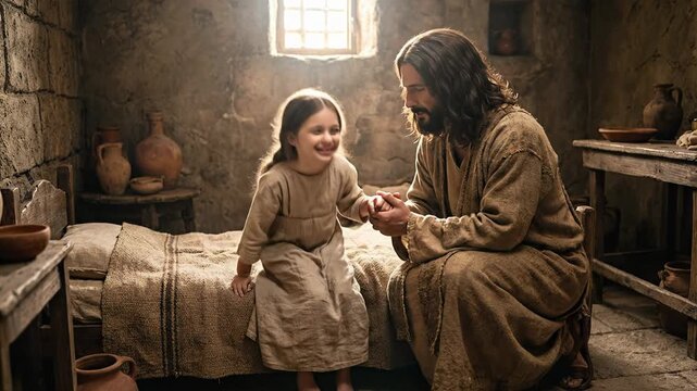 Biblical Scene of Jesus Christ Sitting on Bed Holding Hand of Smiling Little Girl inside Ancient Stone House Depicting Healing Miracle of Jairus Daughter