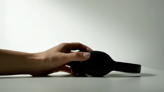 A close-up shot of a person's hand gently holding a sleek black technological device against a clean white background, emphasizing modern design and interactive experience