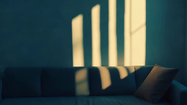 Room interior with a sofa featuring a cushion, natural sunlight casting strong vertical bar shadows on the wall, creating a serene and contemplative atmosphere