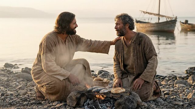 Biblical Scene of Risen Jesus Christ and Apostle Peter Sitting by Fire on Beach at Sunrise with Fishing Boat Background Depicting Reconciliation History