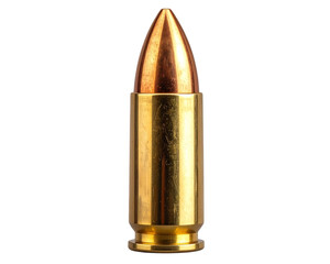 Close-up of a single gold-colored bullet, isolated on transparent background, sharp 