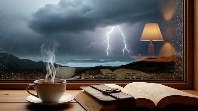 Cozy Coffee and Book by Stormy Window.