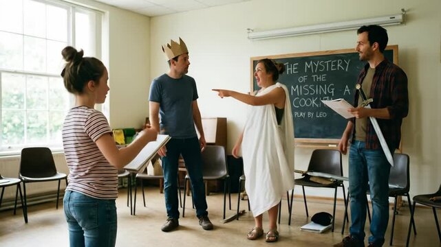 Young girl in striped shirt performs a scene with three adults in a classroom setting, showcasing a play rehearsal titled "The Mystery of the Missing Cook"