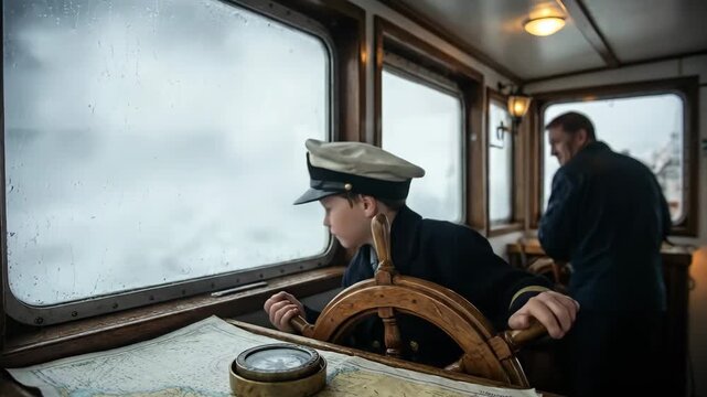 Young Caucasian boy in naval uniform steers ship's wheel while navigating rough seas, with a map and compass on the table, and crew member visible in the background