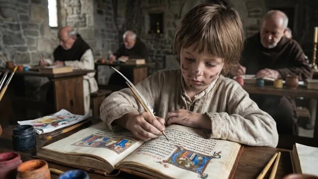 Young boy with dirt-smudged face writes in illuminated manuscript at wooden table, surrounded by monks in a medieval classroom with stone walls and natural light