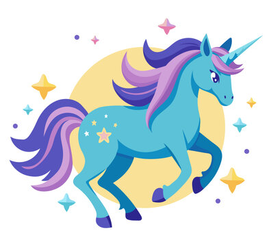 Cute blue running unicorn horse 
with colorful mane vector flat illustration