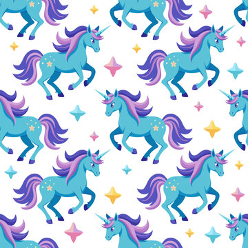 Cute blue running unicorn horse with colorful mane and stars on white background. Vector seamless pattern.	