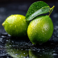 Vibrant fresh green limes with water droplets and leaf on dark reflective surface under dramatic lighting, ideal for cocktail menus and organic food marketing