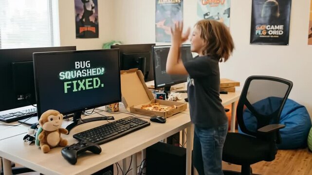 Young boy celebrating success in a gaming office, raising arms in joy while standing beside a computer with a pizza box and playful decorations in the background