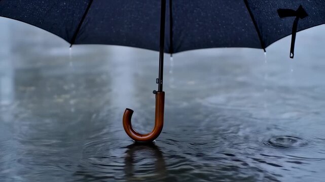 Dark umbrella with wooden handle protects from rainfall, ripples in flooded ground
