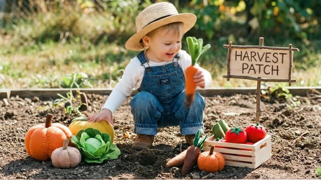 Young child in straw hat kneels in garden, harvesting vegetables like carrots and tomatoes, surrounded by pumpkins and a sign reading "Harvest Patch"