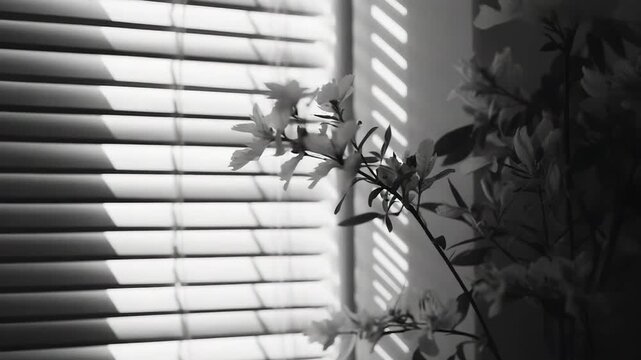Sunlight streams through venetian blinds, creating a striking pattern of light and shadow on the wall and plant, evoking a peaceful and calm indoor atmosphere in black and white