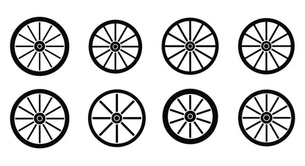 Eight black wagon wheels arranged in a grid simple silhouette © MALA