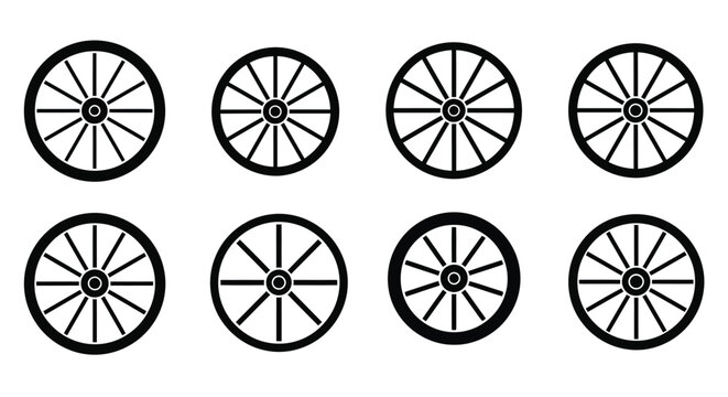 Eight black wagon wheels arranged in a grid simple silhouette