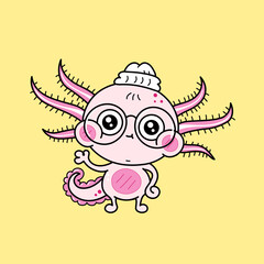 Fototapeta premium Cute cartoon axolotl in eyeglasses waving hand. Flat vector illustration design