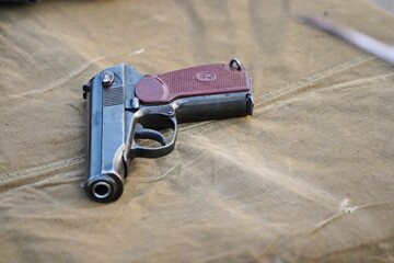 Naklejka premium Almaty, Kazakhstan - 01.20.2026 : Makarov's pistol. Adopted by the army and law enforcement agencies of Kazakhstan.