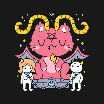 Cute cartoon horned cat devil with pentogram and servants chained. Flat vector illustration design.